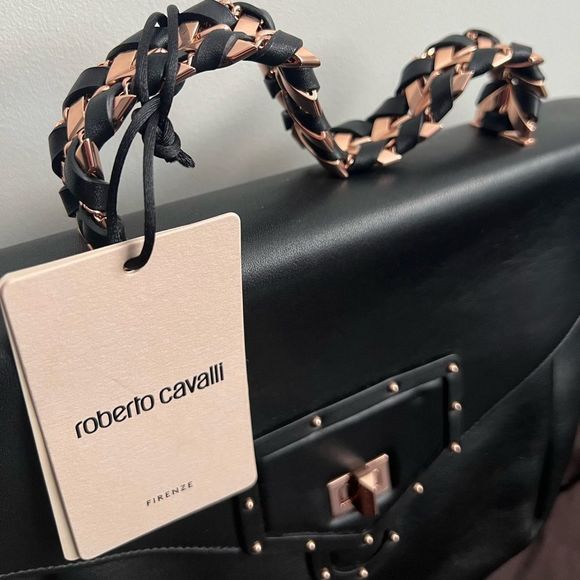 Roberto Cavalli Medium Black Leather Handbag NWT $1495 - Picture 4 of 14